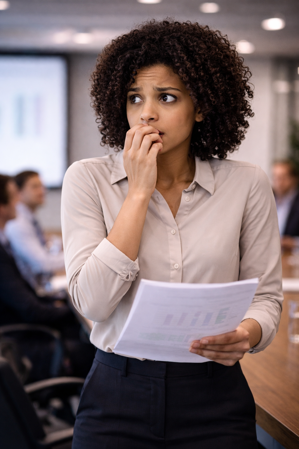 professional speaking into a microphone with visible anxiety while audience watches