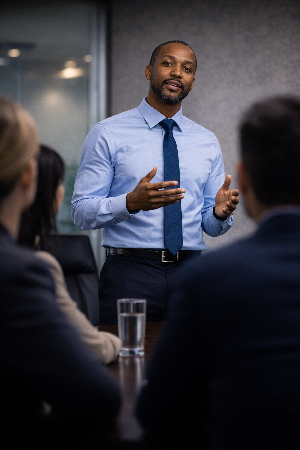 professional speaking into a microphone with visible anxiety while audience watches