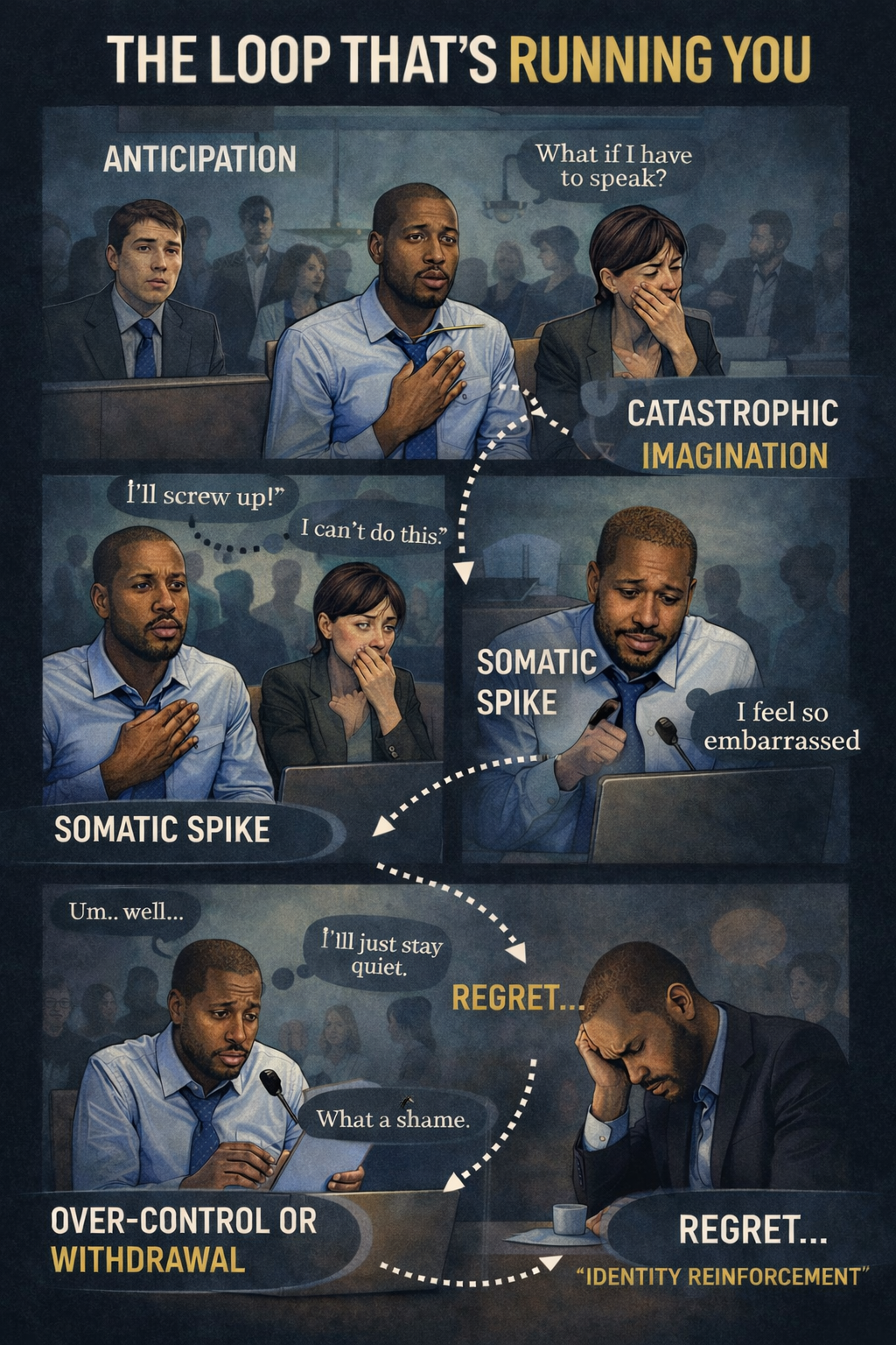 professional speaking into a microphone with visible anxiety while audience watches